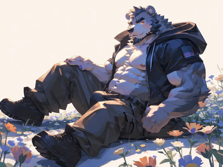 (masterpiece:1.2), best quality,pixiv,official art,perfect anatomy, (Ray tracing, light),solo, (1_male:1.3) , (muscle), (grey fur:1.4), (muscle bear), (beard:1.2), (gleaming golden eyes), bear tail, Thick black eyebrows, (open hoodie :1.3) , (naked inside:...