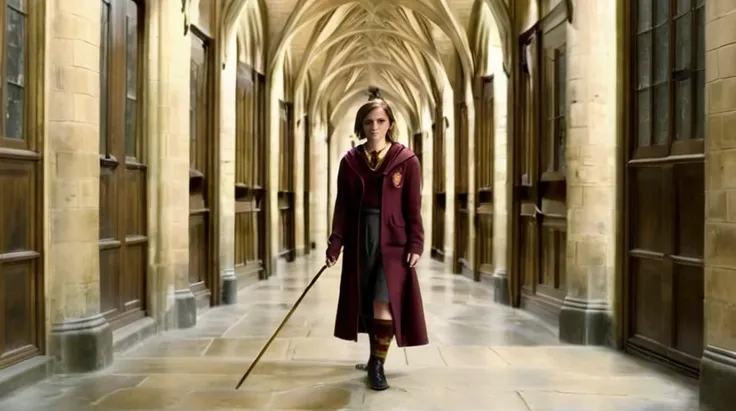 emma watson stands in a griffindor outfit with a whip in a corridor of hogwarts