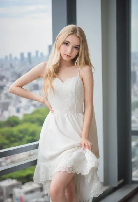 Leila、18-year-old、（Russian women）、（Cute face:1.3）、（Thin contours:1.3）、Grey Eyes、、Blonde medium-long hair、Big 、8-head-tall model style、Angle up to the knee、White dress、Inside the city of Tokyo