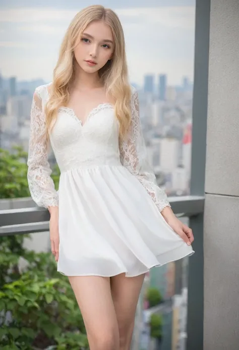 Leila、18-year-old、（Russian women）、（Cute face:1.3）、（Thin contours:1.3）、Grey Eyes、、Blonde medium-long hair、Big 、8-head-tall model style、Angle up to the knee、White dress、Inside the city of Tokyo