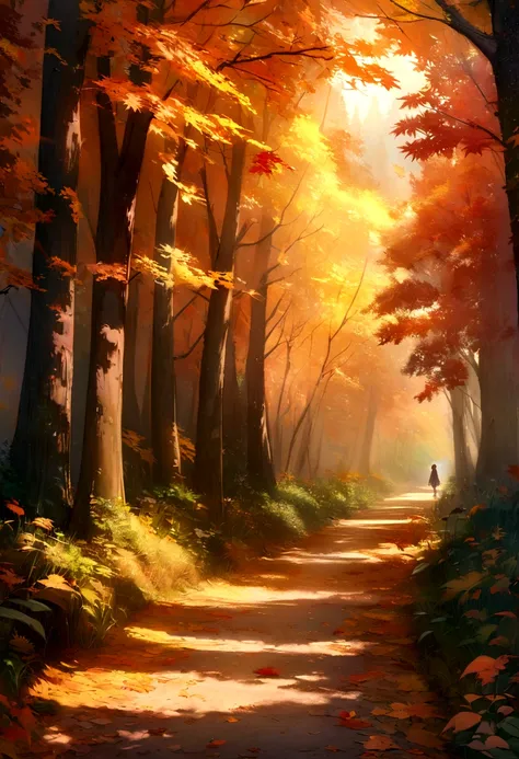 ((high quality)),((masterpiece)),8K,There is a trail that leads to a green park., Autumn tranquility, Dreamy scene, in autumn forest, Soft Diffuser Autumn Light, Beautiful digital painting, Soft autumn sunshine, on 森のtrail, trail, in autumn, melancholy aut...