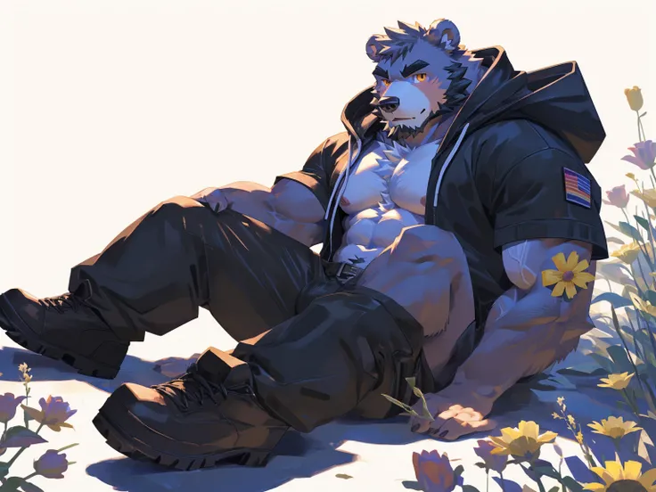 (masterpiece:1.2), best quality,pixiv,official art,perfect anatomy, (Ray tracing, light),solo, (1_male:1.3) , (muscle), (grey fur:1.4), (muscle bear), (beard:1.2), (gleaming golden eyes), bear tail, Thick black eyebrows, (open hoodie :1.3) , (naked inside:...