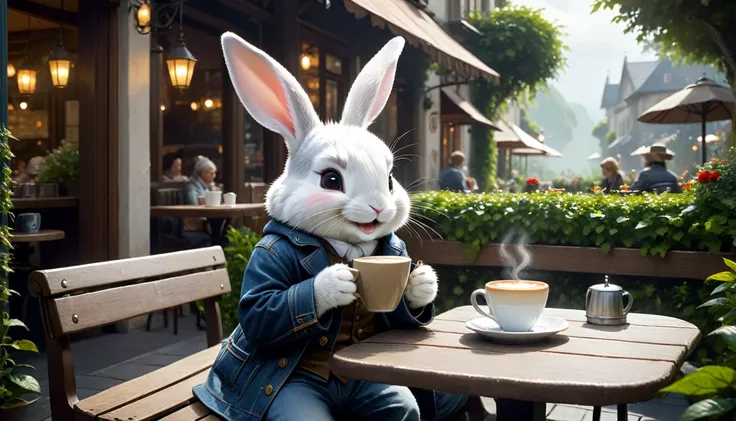 C4tt4stic, Anthropomorphic cute baby rabbit character, dressed and bipedal, human-like posture, drinking hot coffee, sitting on a cafe terrace seat, lush garden, smiling, casual clothing, mystical, fantasy art, exquisite details, Jean-Baptiste Monge style,...