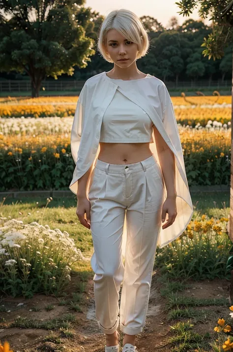 a girl with short white hair wearing a shirt and trousers and a white cape standing showing only half of her body in a flower field lit by the orange afternoon sun.