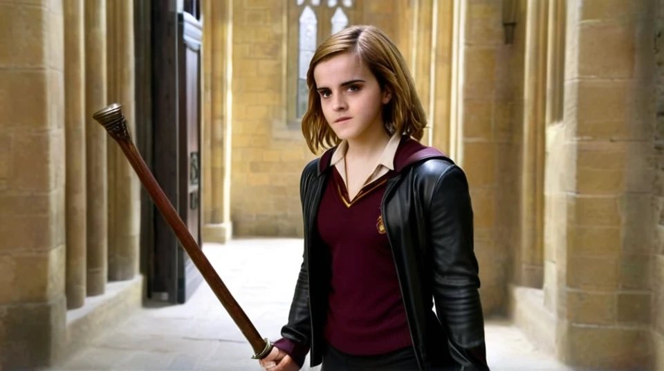 emma watson stands in a griffindor leather outfit with a whip in a corridor of hogwarts