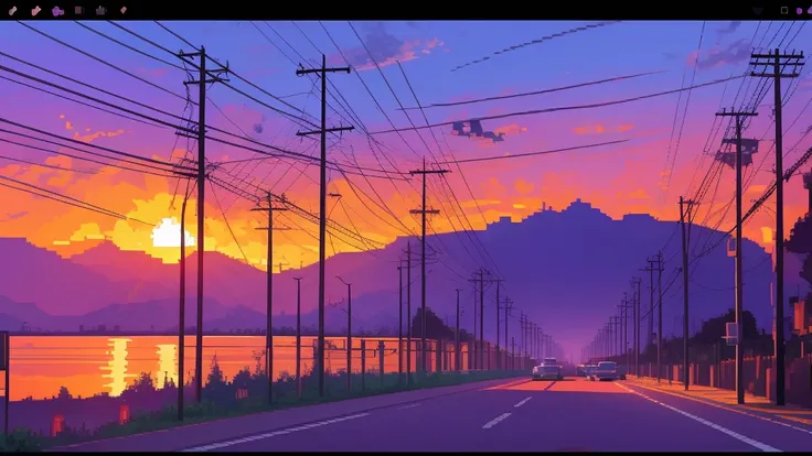 purple theme, power pole in the sunset, pixel art, anime