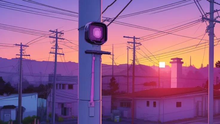 purple theme, power pole in the sunset, pixel art, anime