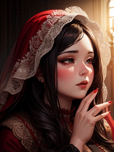 a chubby elegant woman in a red veil covering her eyes, fingers on her lips, long red nails, black background, photo-realistic, high quality, intricate details, oil painting, dramatic lighting, muted colors, mysterious atmosphere