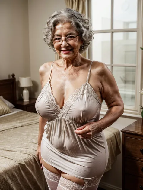 Mature old woman 80 years with curly silver hair, plus size, old face and body with many wrinkles, hands over the head, glasses red lips, smiling, loose skin, standing at bedroom posing for photo spreading her legs, She wearing white nightgown and large ne...