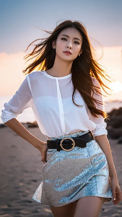 Woman walking on the beach at sunset, Depth of Field, Soft orange light illuminates a woman, ((thick body)), Textured Skin, People, Length of hair, Nostalgic and fresh atmosphere, worried expression, A woman standing, Light makeup, Clear drawing, Attractiv...