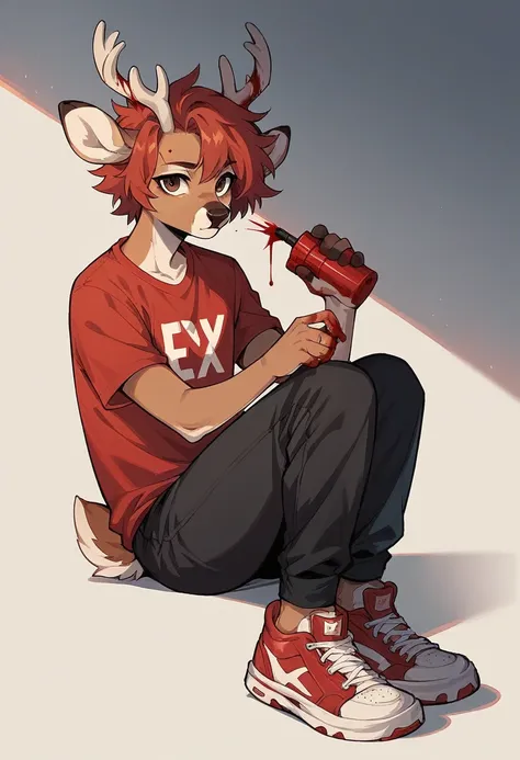 Furry , Sexy , Solo female, messy red hair with black tips, brown eyes, deer horns, brown deer ears, red shirt, white t-shirt , black pants, sneakers, holding an ax,blood