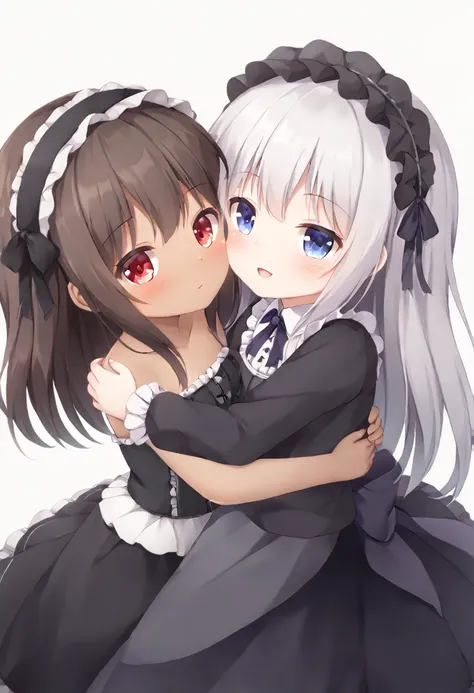 Beautiful girls hugging each other、Gothic Lolita、Long skirt、Beautiful Eyes、Brown Skin、