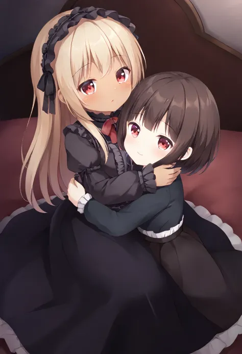 Beautiful girls hugging each other、Gothic Lolita、Long skirt、Beautiful Eyes、Brown Skin、