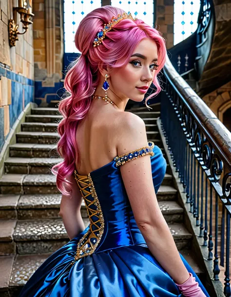 beautifull woamn with pink hair ((masterpiece, Highest quality, Best image quality, High resolution, Realistic, RAW Photos, 8K)), Woman in sapphire blue and gold marine, dress, (Long pink hair, hair tied back, Jeweled wig, Long gloves, Glass Slipper, Bare ...