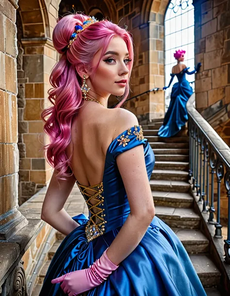 beautifull woamn with pink hair ((masterpiece, Highest quality, Best image quality, High resolution, Realistic, RAW Photos, 8K)), Woman in sapphire blue and gold marine, dress, (Long pink hair, hair tied back, Jeweled wig, Long gloves, Glass Slipper, Bare ...