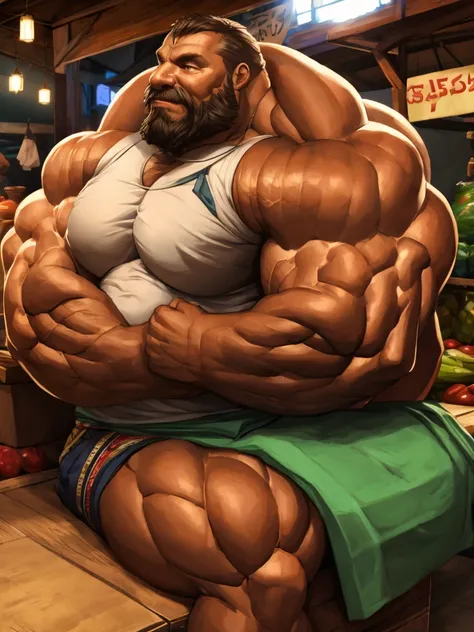  traditional market, side view, extremely huge muscular, massive muscular, full-body, well-muscled old man, sitting on box, shirts. ((huge muscle size, thick arms, huge pec , huge arms)).  and add details to make it attractive and interesting. Add textures...