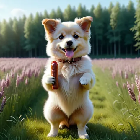 Standing like a human (Fluffy dog), Holding sausage in hand, In the meadow, Ultra-detailed, ８K、Hyperrealism, Sharp frame, Film Studies, Lighting