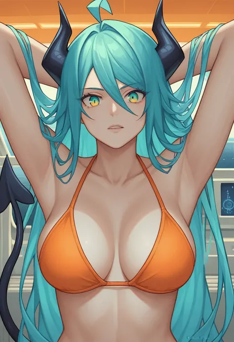 score_9, score_8_up, score_7_up,1 daemon woman, black  demon horns, black demon tail, (aquamarine hair),aquamarine green color hair,ahoge, long hair, (long hair),bangs, light orange bikini, bikini is orange, bikini orange, orange bikini!, (aquamarine eyes)...