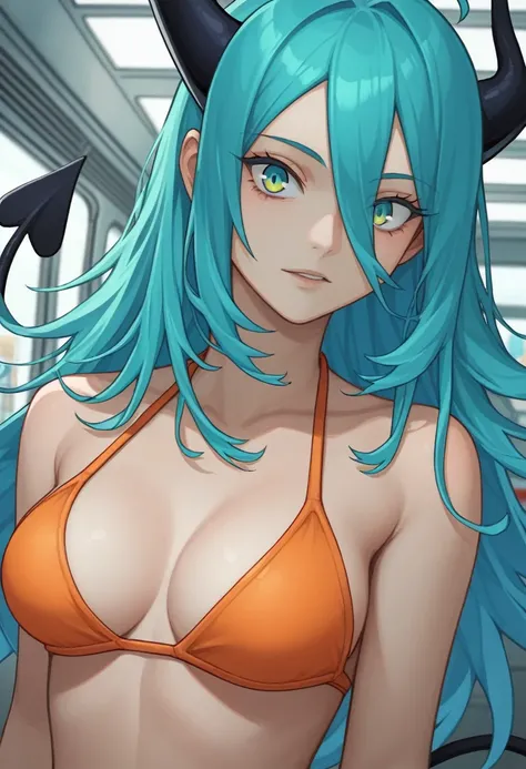 score_9, score_8_up, score_7_up,1 daemon woman, black  demon horns, black demon tail, (aquamarine hair),aquamarine green color hair,ahoge, long hair, (long hair),bangs, light orange bikini, bikini is orange, bikini orange, orange bikini!, (aquamarine eyes)...