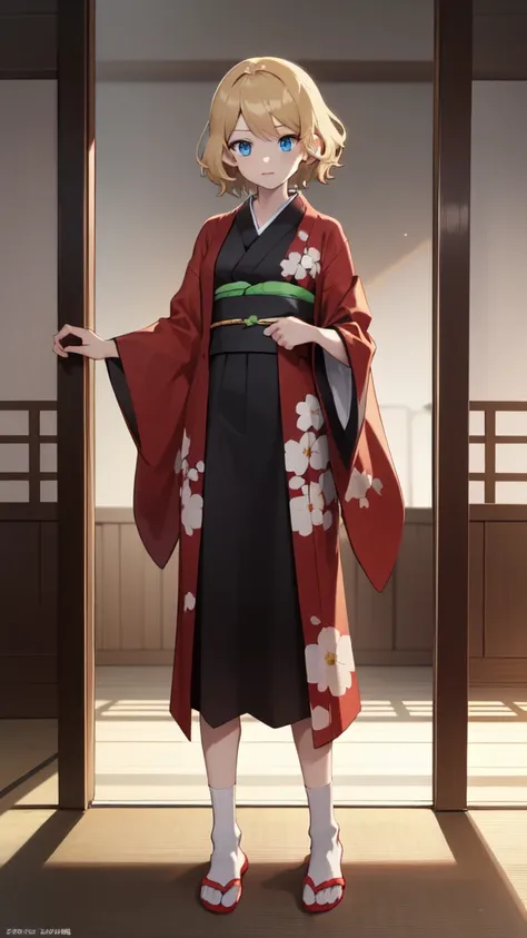 gonzarez, masterpiece, Serenaj, 1girl, solo, blue eyes, blonde hair, short hair, kimono, full body, white socks, slippers 