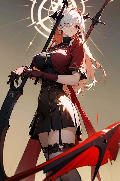 avenger,large breast,The chest area is exposed,Eye color is scarlet,garter,big Scythe,Catholic nun,Cross Necklace,hair over one eye,Knee socks,Hair color is golden,Devilish,Church Background, high Quality,best quality,Uninhabited