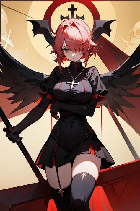 avenger,large breast,The chest area is exposed,Eye color is scarlet,garter,big Scythe,Catholic nun,Cross Necklace,hair over one eye,Knee socks,Hair color is golden,Devilish,Church Background, high Quality,best quality,Uninhabited