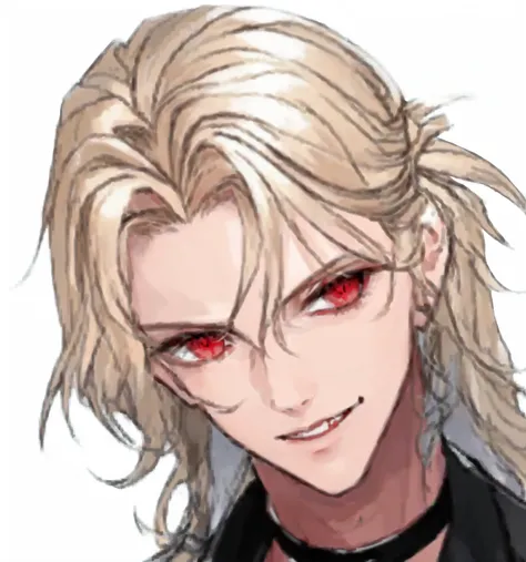 Blond man，Red Eyes，Anime character wearing a black jacket, Delicate hermaphroditic prince, handsome Male vampires, Johan Liebert mixed with Alucard, beautiful androgynous prince, Hermaphroditic vampire, The handsome guy in Demon Slayer, Male vampires, Joha...