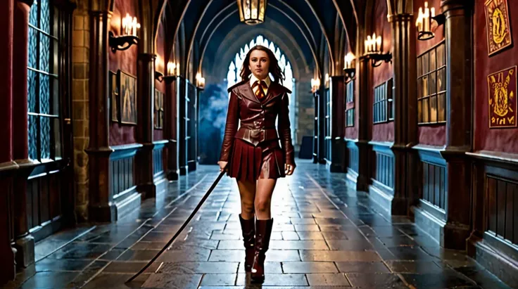 Young woman stands in griffindor leather outfit with a whip in a corridor of Hogwarts 