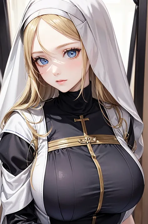 blonde，Blue Eyes，Long hair，Big breasts，woman wearing nun uniform，Mature face，Long face，Oval face，Mature teenage girl，Royal sister