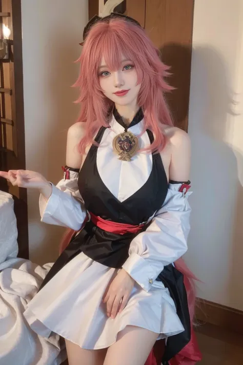 ((Best Quality, 8K, Masterpiece: 1.3)), 1girl, Slim Belly Beauty: 1.3,(medium Breasts: 1.2), Dress: 1.1, Super Delicate Face, Delicate Eyes, Double Eyelids, Smile, Home, long hair, pink hair, jewelry, Earring, Bangs, (black maid dress:1.5), standing, upper...