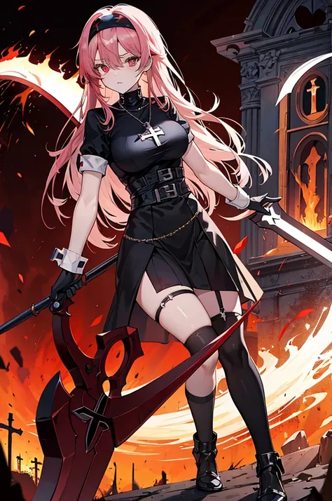 avenger,large breast,The chest area is exposed,Eye color is scarlet,garter,big Scythe,Catholic nun,Cross Necklace,hair over one eye,Knee socks,Hair color is golden,Devilish,Church Background, high Quality,best quality,Uninhabited