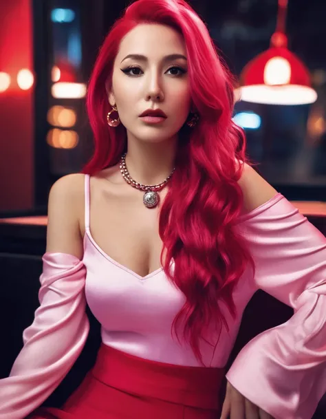 beautiful woman with long pink hair, styled hair, jewelry, beads,wearing red tight skirt and red, unbuttoned shirt, cleavage top,going for night club,sitting dynamic poses,far away shot, 16K, photorealistic, UHD, RAW, film grain
