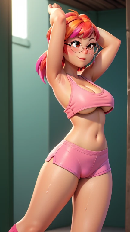 chibi, square bangs, glasses, oversized boxer shorts, ((underboob, ,sideboob, cameltoe)), sleeveless, low plunge top, strong sunlight, chubby body, outside, navel exposed, (cleavage:1.3), legs spread, arms up, after sex, wet clothes, long socks, sneakers, ...