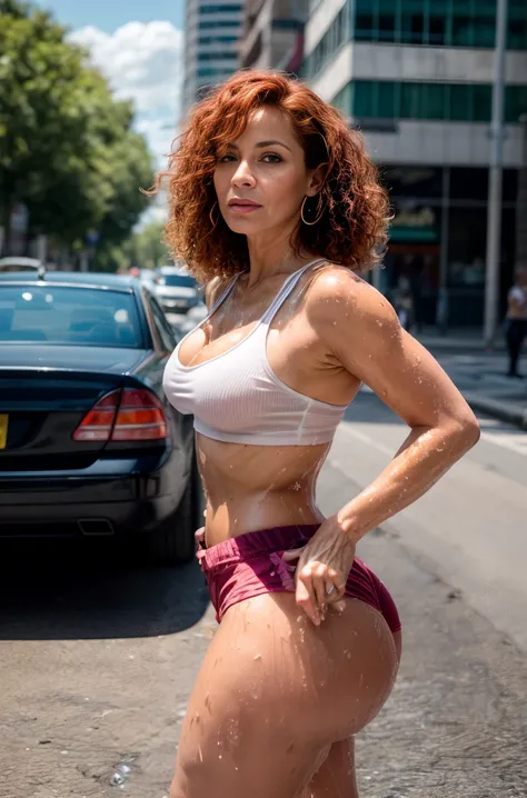 (best quality, highres, ultra-detailed), realistic, portrait,  sweaty Colombian mature 65 year old looking  red head curly-haired busty lady, standing in the middle of traffic, looking up at an flying disc invasion, dressed in ripped underwear shorts, wet ...