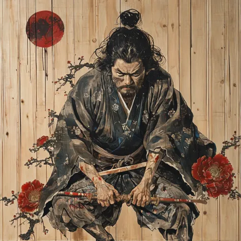 japanese line art    , a samurai( tied up  to a wooden steak with several arrows stuck in him,:1.2) lower body missing visible skeletal structure , ripped rags, rope and bloody ground, black skies and large moon , floral damask background ,  in the style o...