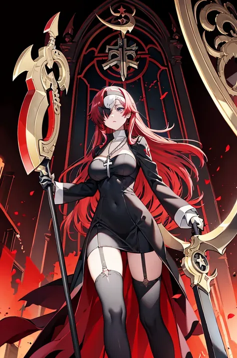 avenger,large breast,The chest area is exposed,Eye color is scarlet,garter,big Scythe,Catholic nun,Cross Necklace,hair over one eye,Knee socks,Hair color is golden,Devilish,Church Background, high Quality,best quality,Uninhabited