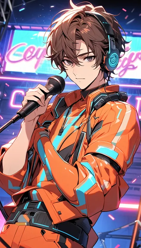 Handsome, single, clearly washed out, male, black red eyes, short, brown hair, headphones, neon colored sci-fi robot suit. Mixes sci-fi and neon tones. Behind it is a robot with neon lights. In the background, a large robot clearly sings on stage, wearing ...