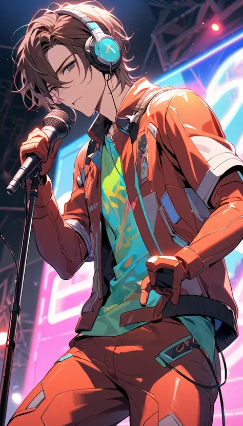 Handsome, single, clearly washed out, male, black red eyes, short, brown hair, headphones, neon colored sci-fi robot suit. Mixes sci-fi and neon tones. Behind it is a robot with neon lights. In the background, a large robot clearly sings on stage, wearing ...