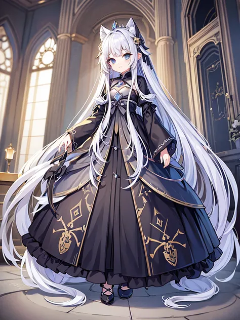 Full-body portrait、Are standing、silver gray hair、Messy hair、Very long hair、Long Hair、Silver-based noble princess outfit、銀色の綺麗なLockの杖を持っている、Lock