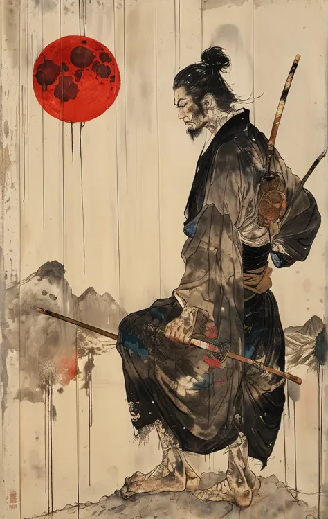 japanese line art    , a samurai( tied up  to a wooden steak with several arrows stuck in him,:1.2) lower body missing visible skeletal structure , ripped rags, rope and bloody ground, black skies and large moon , floral damask background ,  in the style o...