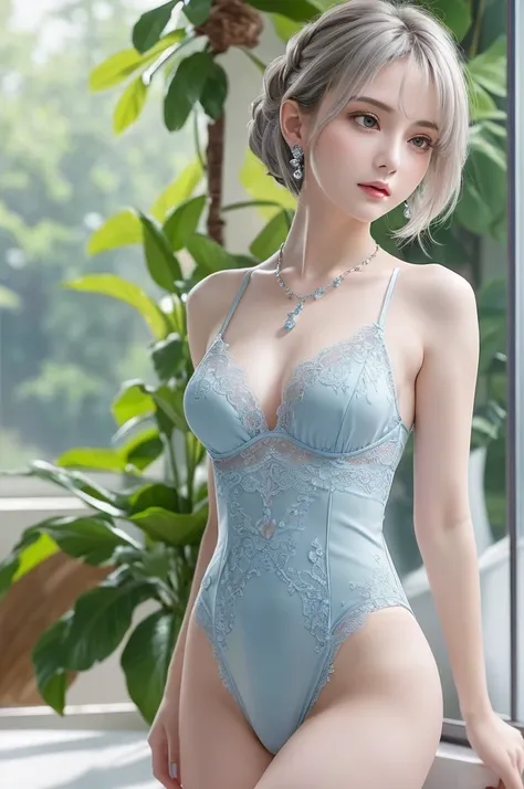 blue lace thong&Good, (((Very elegant and beautiful, Perfect detail, Super detailed))), whole body, The most detailed girl, Depth of written boundary, 美しく詳細なwhole body, Thin legs, 1 girl, 30 years old, Very short hair, Spiked Hair, Gray and silver hair, Be...