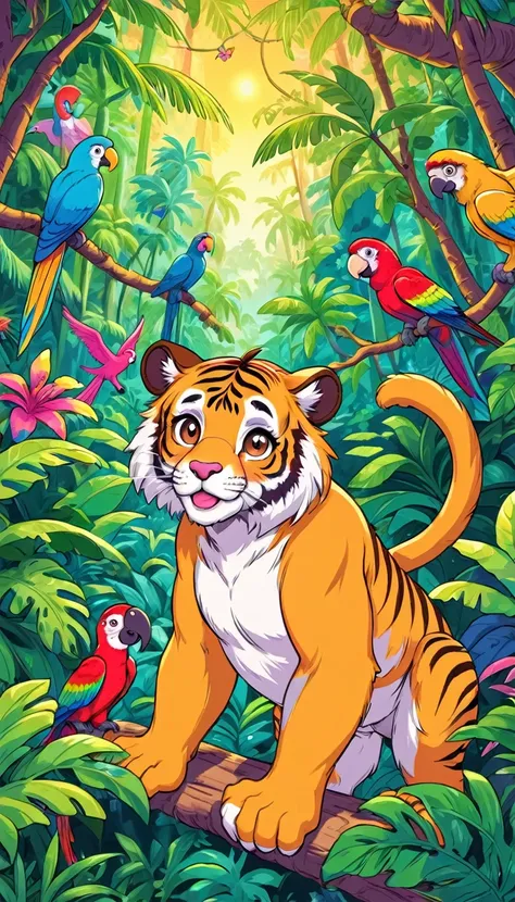 A coloring book page with an animal theme, created in the style of a digital illustration by Lisa Frank, featuring a playful jungle scene with a tiger, monkey, and parrot, set in a vibrant, lush rainforest with a warm color palette, the animals have cheerf...