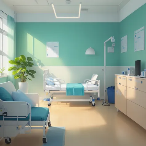 一位doctor正在查看病人， in a hospital bed, medical doctor, flat illustration, hospital background, in hospital bed, doctor, hospital roo...