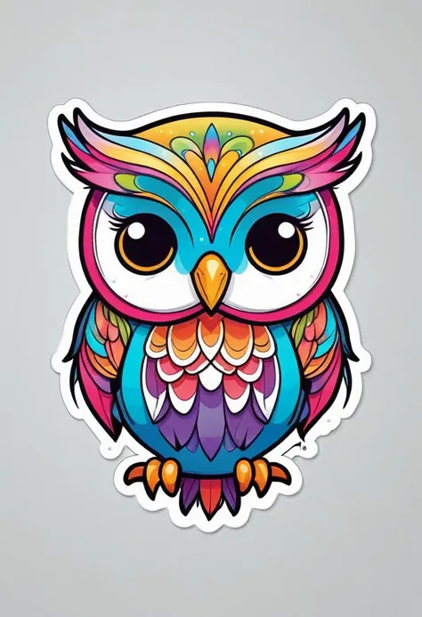 sticker, happy colored owl, kawaii, outline, vector, white background