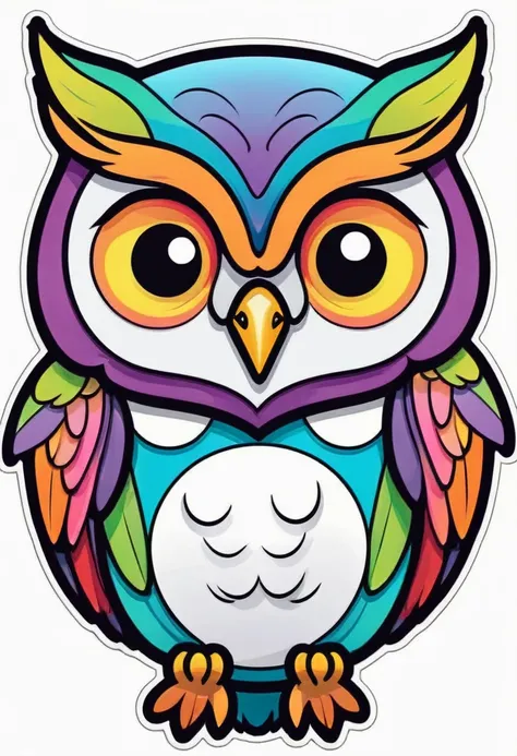 sticker, happy colored owl, kawaii, outline, vector, white background