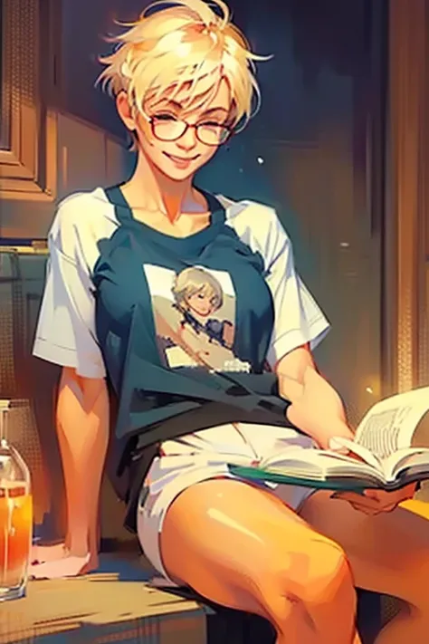 Getting ((aroused:1.1)), ((closed eyes, moan)). Athletic blonde woman, (short hair), tomboy, cute, ((smile)), Reading glasses, t-shirt, panties, very light makeup.