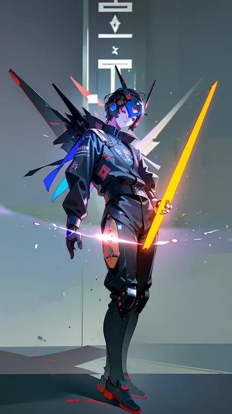 masterpiece, best quality, A close-up shot of a futuristic boy，China is black and impermanent，The traditional image of Hei Wuchang，Tradition meets modernity，Chinese style，Wearing a fantastic cyber helmet, Blue triangle LED light and halo on the helmet, Wea...