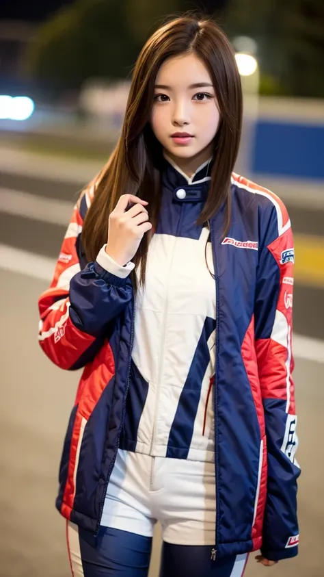  girl 18-year-old Hairstyle Casual,  wearing racing suit on race track at night