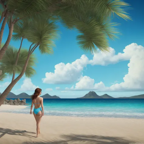 a serene beach scene, golden sand, crashing waves, blue sky, fluffy clouds, warm sunlight, palm trees swaying in the breeze, a young woman in a swimsuit walking along the shoreline, seagulls flying overhead, distant mountains, crystal clear turquoise water...