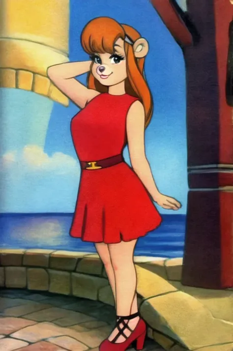 fashionable 60s young lady bear, red_dress, girlfriend, wife, cute pose